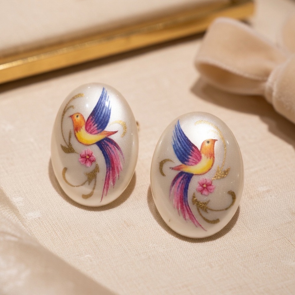 Vintage White Oval Bird Earrings Hand Painted Japan Style Flying Bird Colorful